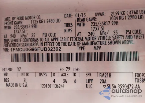 2015 Ford Escape Se from USA, damaged, VIN 1FMCU0G96FUB32392